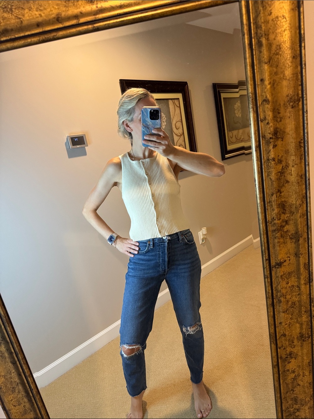 By Together Cream Ribbed Button-Front Tank